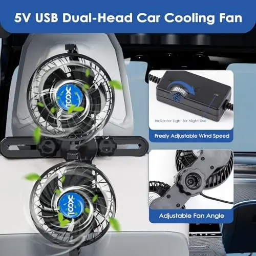 XOOL USB Dual Head Backseat Car Fan – 360° Rotatable Rear Seat Air Circulator with Stepless Speed & Adjustable Clip for Kids in SUV, Truck, RV - 3