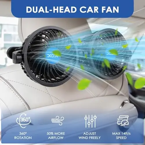 XOOL USB Dual Head Backseat Car Fan – 360° Rotatable Rear Seat Air Circulator with Stepless Speed & Adjustable Clip for Kids in SUV, Truck, RV - 4