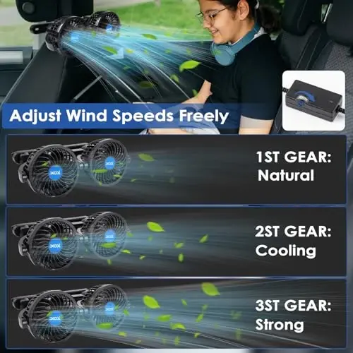 XOOL USB Dual Head Backseat Car Fan – 360° Rotatable Rear Seat Air Circulator with Stepless Speed & Adjustable Clip for Kids in SUV, Truck, RV - 6