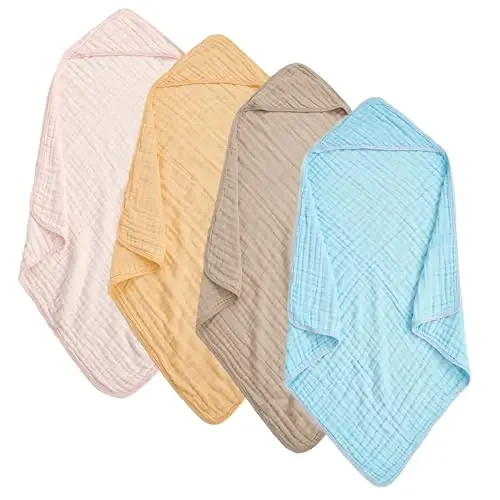TMIELYBS Muslin Hooded Baby Towels 4Pack - 32x32 Inches, Premium 6-Layer 100% Cotton Extra Soft Absorbent Bath Towels for Infant, Newborn Gift Set (4 Pure Colors) - TMIELYBS