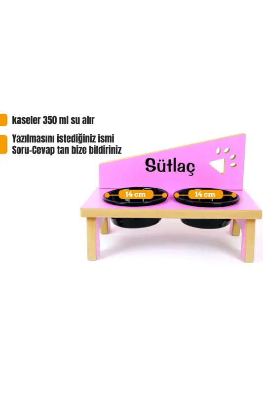 Özel İsimli Seramik Kaseli Kedi-küçük Irk Köpek Mama Ve Su Kabı Stantı- Pembe/siyah-400 ml - Pembe - 3