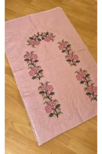 Pudra pembe Çeyizlik Kaneviçe Etamin Işleme Nakışlı Pamuk Keten Seccade - PUDRA 