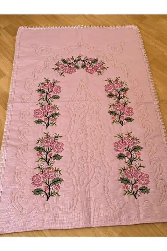 Pudra pembe Çeyizlik Kaneviçe Etamin Işleme Nakışlı Pamuk Keten Seccade - PUDRA - 2