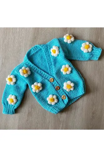 El Örgüsü Papatyalı Bebek Hırka Turkuaz - Turkuaz Rengi 