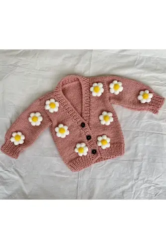 El Örgüsü Papatyalı Bebek Hırka Pembe - Pembe - 1