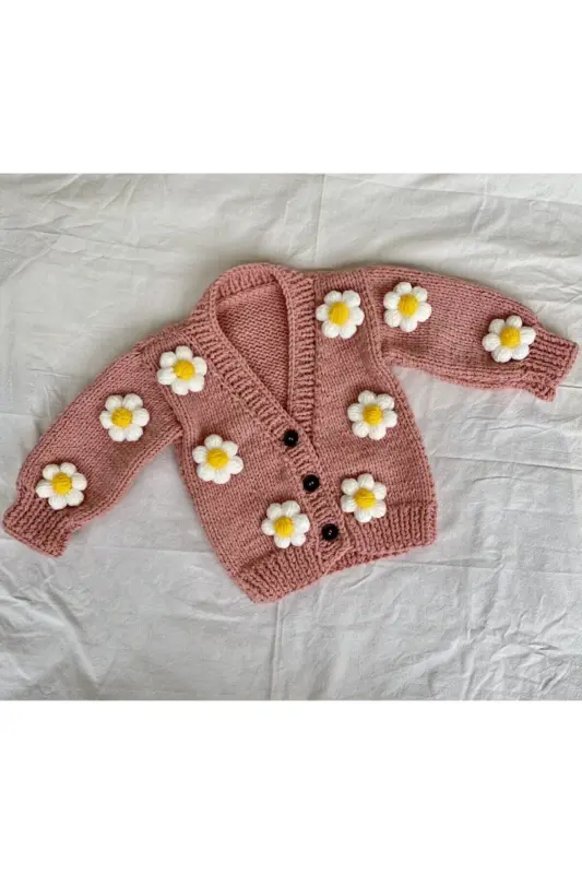 El Örgüsü Papatyalı Bebek Hırka Pembe - Pembe - 1