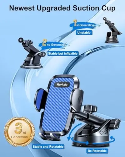Rorhxia Blue 3-in-1 Phone Mount for Car [2025 Most Stable and Flexible Suction Cup] Vent Dashboard Windshield Cell Phone Holder Car Fit for iPhone, Samsung, All Phone - RORHXIA (1)