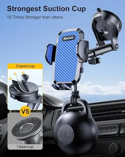 Rorhxia Blue 3-in-1 Phone Mount for Car [2025 Most Stable and Flexible Suction Cup] Vent Dashboard Windshield Cell Phone Holder Car Fit for iPhone, Samsung, All Phone - 3