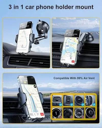 Rorhxia Blue 3-in-1 Phone Mount for Car [2025 Most Stable and Flexible Suction Cup] Vent Dashboard Windshield Cell Phone Holder Car Fit for iPhone, Samsung, All Phone - 6
