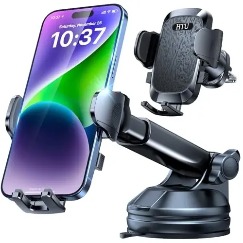 HTU Car Phone Holder【2026 Upgraded 100+LBS Suction & Safety Cert】 Cell Phone Car Mount for Truck Heavy Duty Phone Holder for Dashboard/Windshield/Vent for iPhone 17 16 Pro Max, Jet Black - 1