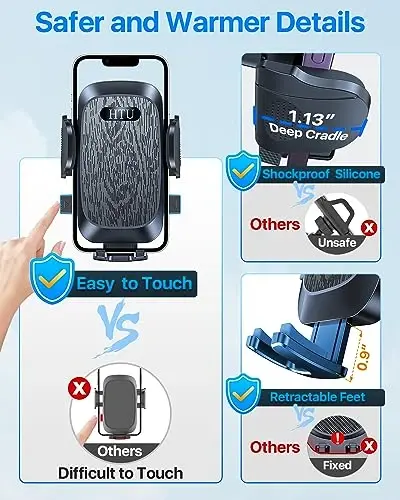 HTU Car Phone Holder【2026 Upgraded 100+LBS Suction & Safety Cert】 Cell Phone Car Mount for Truck Heavy Duty Phone Holder for Dashboard/Windshield/Vent for iPhone 17 16 Pro Max, Jet Black - 4