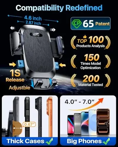 HTU Car Phone Holder【2026 Upgraded 100+LBS Suction & Safety Cert】 Cell Phone Car Mount for Truck Heavy Duty Phone Holder for Dashboard/Windshield/Vent for iPhone 17 16 Pro Max, Jet Black - 5