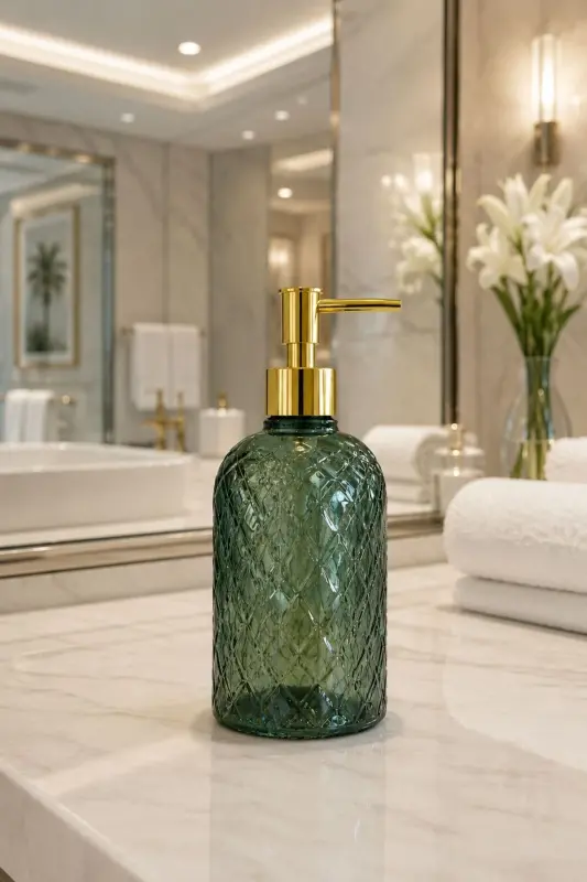 Alaçatı Tekli Cam Sıvı Sabunluk YEŞİL || Modern Lüks Banyo Aksesuarı Dekoratif Sıvı Sabunluk Sabun Dispenseri Banyo & Mutfak İçin Tezgah Üstü Lavabo || GOLD POMPALI || Bulaşık Deterjanı El Sabunu - Alaçata Tekli Sıvı Sabunluk YEŞİL - 1