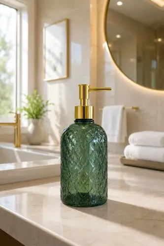 Alaçatı Tekli Cam Sıvı Sabunluk YEŞİL || Modern Lüks Banyo Aksesuarı Dekoratif Sıvı Sabunluk Sabun Dispenseri Banyo & Mutfak İçin Tezgah Üstü Lavabo || GOLD POMPALI || Bulaşık Deterjanı El Sabunu - Alaçata Tekli Sıvı Sabunluk YEŞİL - 2