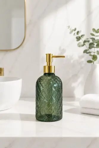 Alaçatı Tekli Cam Sıvı Sabunluk YEŞİL || Modern Lüks Banyo Aksesuarı Dekoratif Sıvı Sabunluk Sabun Dispenseri Banyo & Mutfak İçin Tezgah Üstü Lavabo || GOLD POMPALI || Bulaşık Deterjanı El Sabunu - Alaçata Tekli Sıvı Sabunluk YEŞİL - 3