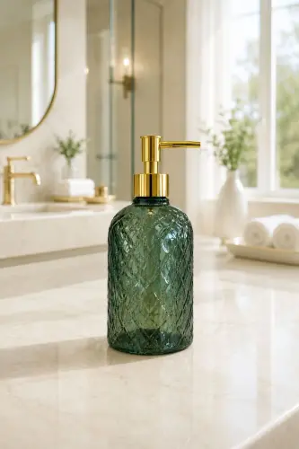 Alaçatı Tekli Cam Sıvı Sabunluk YEŞİL || Modern Lüks Banyo Aksesuarı Dekoratif Sıvı Sabunluk Sabun Dispenseri Banyo & Mutfak İçin Tezgah Üstü Lavabo || GOLD POMPALI || Bulaşık Deterjanı El Sabunu - Alaçata Tekli Sıvı Sabunluk YEŞİL - 4