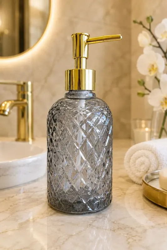 Alaçatı Tekli Cam Sıvı Sabunluk FÜME || Modern Lüks Banyo Aksesuarı Dekoratif Sıvı Sabunluk Sabun Dispenseri Banyo & Mutfak İçin Tezgah Üstü Lavabo || GOLD POMPALI || Bulaşık Deterjanı El Sabunu - Alaçatı Tekli Sıvı Sabunluk Füme - 1