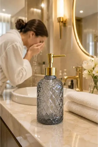 Alaçatı Tekli Cam Sıvı Sabunluk FÜME || Modern Lüks Banyo Aksesuarı Dekoratif Sıvı Sabunluk Sabun Dispenseri Banyo & Mutfak İçin Tezgah Üstü Lavabo || GOLD POMPALI || Bulaşık Deterjanı El Sabunu - Alaçatı Tekli Sıvı Sabunluk Füme - 2