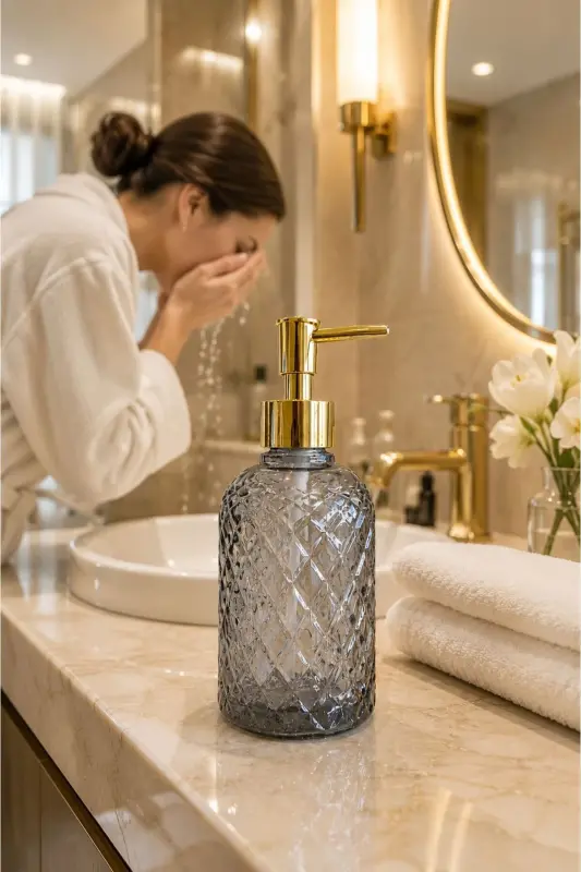 Alaçatı Tekli Cam Sıvı Sabunluk FÜME || Modern Lüks Banyo Aksesuarı Dekoratif Sıvı Sabunluk Sabun Dispenseri Banyo & Mutfak İçin Tezgah Üstü Lavabo || GOLD POMPALI || Bulaşık Deterjanı El Sabunu - Alaçatı Tekli Sıvı Sabunluk Füme - 2