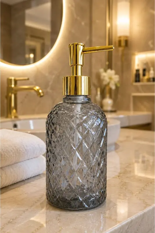 Alaçatı Tekli Cam Sıvı Sabunluk FÜME || Modern Lüks Banyo Aksesuarı Dekoratif Sıvı Sabunluk Sabun Dispenseri Banyo & Mutfak İçin Tezgah Üstü Lavabo || GOLD POMPALI || Bulaşık Deterjanı El Sabunu - Alaçatı Tekli Sıvı Sabunluk Füme - 3