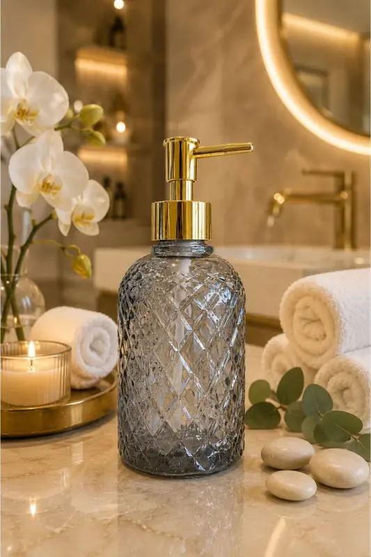 Alaçatı Tekli Cam Sıvı Sabunluk FÜME || Modern Lüks Banyo Aksesuarı Dekoratif Sıvı Sabunluk Sabun Dispenseri Banyo & Mutfak İçin Tezgah Üstü Lavabo || GOLD POMPALI || Bulaşık Deterjanı El Sabunu - Alaçatı Tekli Sıvı Sabunluk Füme - 4