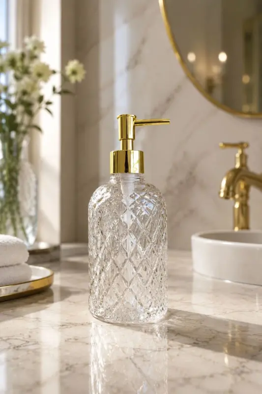 Alaçatı Tekli Cam Sıvı Sabunluk ŞEFFAF || Modern Lüks Banyo Aksesuarı Dekoratif Sıvı Sabunluk Sabun Dispenseri Banyo & Mutfak İçin Tezgah Üstü Lavabo || GOLD POMPALI || Bulaşık Deterjanı El Sabunu - Alaçatı Tekli Sıvı Sabunluk ŞEFFAF - 1
