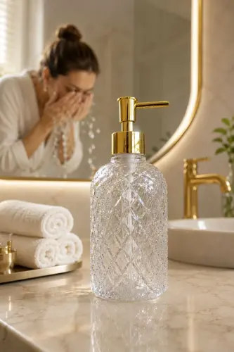 Alaçatı Tekli Cam Sıvı Sabunluk ŞEFFAF || Modern Lüks Banyo Aksesuarı Dekoratif Sıvı Sabunluk Sabun Dispenseri Banyo & Mutfak İçin Tezgah Üstü Lavabo || GOLD POMPALI || Bulaşık Deterjanı El Sabunu - Alaçatı Tekli Sıvı Sabunluk ŞEFFAF - ANGDESİGN (1)