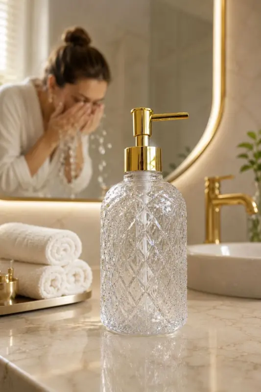 Alaçatı Tekli Cam Sıvı Sabunluk ŞEFFAF || Modern Lüks Banyo Aksesuarı Dekoratif Sıvı Sabunluk Sabun Dispenseri Banyo & Mutfak İçin Tezgah Üstü Lavabo || GOLD POMPALI || Bulaşık Deterjanı El Sabunu - Alaçatı Tekli Sıvı Sabunluk ŞEFFAF - 2