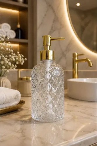 Alaçatı Tekli Cam Sıvı Sabunluk ŞEFFAF || Modern Lüks Banyo Aksesuarı Dekoratif Sıvı Sabunluk Sabun Dispenseri Banyo & Mutfak İçin Tezgah Üstü Lavabo || GOLD POMPALI || Bulaşık Deterjanı El Sabunu - Alaçatı Tekli Sıvı Sabunluk ŞEFFAF - 3