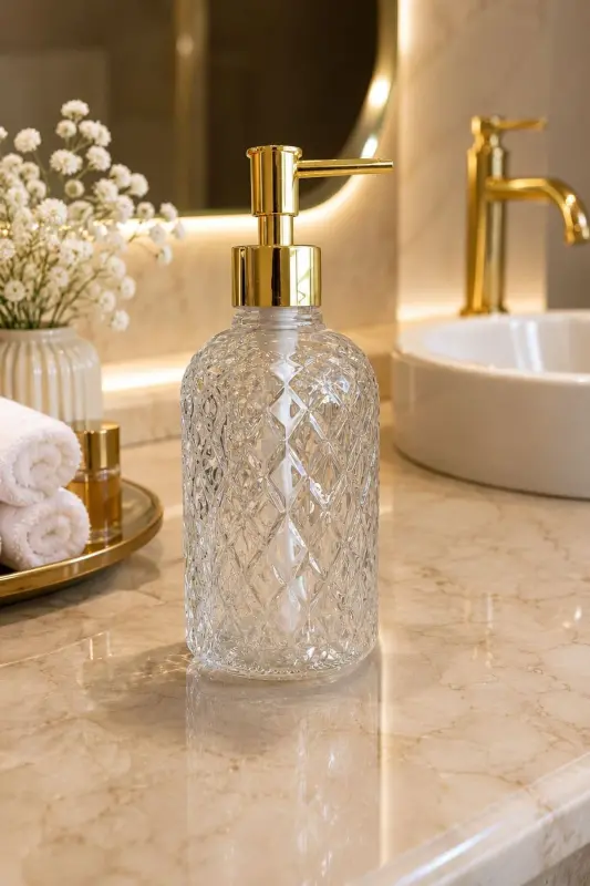 Alaçatı Tekli Cam Sıvı Sabunluk ŞEFFAF || Modern Lüks Banyo Aksesuarı Dekoratif Sıvı Sabunluk Sabun Dispenseri Banyo & Mutfak İçin Tezgah Üstü Lavabo || GOLD POMPALI || Bulaşık Deterjanı El Sabunu - Alaçatı Tekli Sıvı Sabunluk ŞEFFAF - 4
