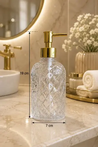 Alaçatı Tekli Cam Sıvı Sabunluk ŞEFFAF || Modern Lüks Banyo Aksesuarı Dekoratif Sıvı Sabunluk Sabun Dispenseri Banyo & Mutfak İçin Tezgah Üstü Lavabo || GOLD POMPALI || Bulaşık Deterjanı El Sabunu - Alaçatı Tekli Sıvı Sabunluk ŞEFFAF - 5