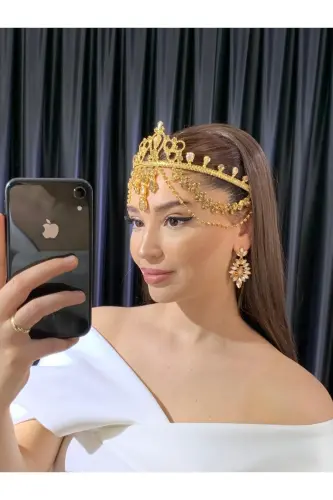 Taşlı Alınlık Gelin Düğün Nişan Kına Alınlık Hürrem - gold - BEYOĞLU NİŞANTAŞI (1)