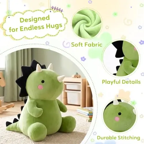 VHYHCY Cute Dinosaur Plush Toys, Fat Dinosaur Stuffed Animals, Soft Triceratops Plush Dino Plushie, Birthday Gifts for Kids Girls Boys Green 8 inch - 3