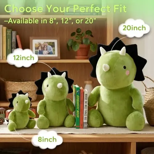 VHYHCY Cute Dinosaur Plush Toys, Fat Dinosaur Stuffed Animals, Soft Triceratops Plush Dino Plushie, Birthday Gifts for Kids Girls Boys Green 8 inch - 5