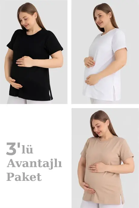 Pamuklu Kısa Kollu Hamile Tişört 3'lü Paket – Yumuşak ve Rahat Hamile Giyim - BÜYÜKBEDENIZ