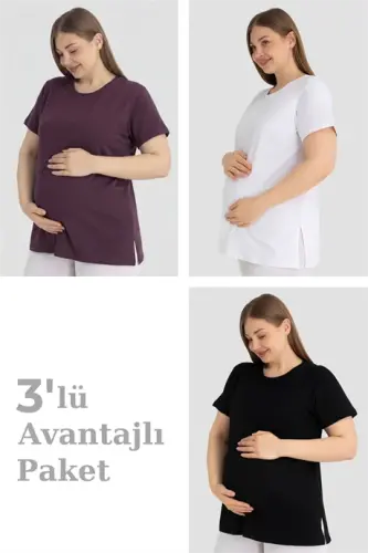 Pamuklu Kısa Kollu Hamile Tişört 3'lü Paket – Yumuşak ve Rahat Hamile Giyim - 1