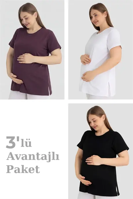 Pamuklu Kısa Kollu Hamile Tişört 3'lü Paket – Yumuşak ve Rahat Hamile Giyim - 1