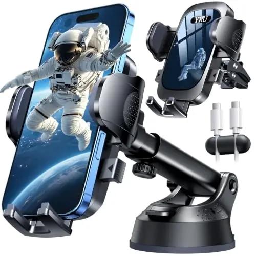 YRU [True Upgrade for Safety Car Phone Holder Mount [Patent & Military-Grade] Dashboard Cell Phone Holder for Car Vent Windshield Phone Stand for iPhone 17 16 15 14 Pro Max Truck Samsung, Black Blue - 1