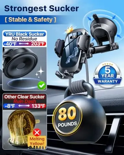 YRU [True Upgrade for Safety Car Phone Holder Mount [Patent & Military-Grade] Dashboard Cell Phone Holder for Car Vent Windshield Phone Stand for iPhone 17 16 15 14 Pro Max Truck Samsung, Black Blue - YRU (1)