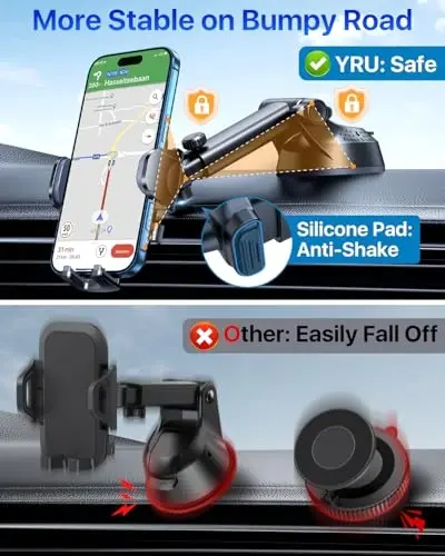 YRU [True Upgrade for Safety Car Phone Holder Mount [Patent & Military-Grade] Dashboard Cell Phone Holder for Car Vent Windshield Phone Stand for iPhone 17 16 15 14 Pro Max Truck Samsung, Black Blue - 3