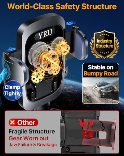 YRU [True Upgrade for Safety Car Phone Holder Mount [Patent & Military-Grade] Dashboard Cell Phone Holder for Car Vent Windshield Phone Stand for iPhone 17 16 15 14 Pro Max Truck Samsung, Black Blue - 4
