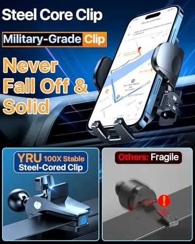 YRU [True Upgrade for Safety Car Phone Holder Mount [Patent & Military-Grade] Dashboard Cell Phone Holder for Car Vent Windshield Phone Stand for iPhone 17 16 15 14 Pro Max Truck Samsung, Black Blue - 5