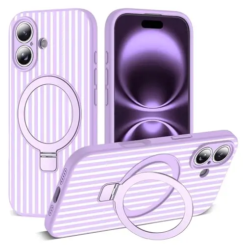SKYLMW Compatible with iPhone 16 Case with Magnetic Invisible Stand [Compatible with Mag-Safe][Cute Aesthetic Striped Pattern] Silicone 16 Phone Case for Women Men 6.1