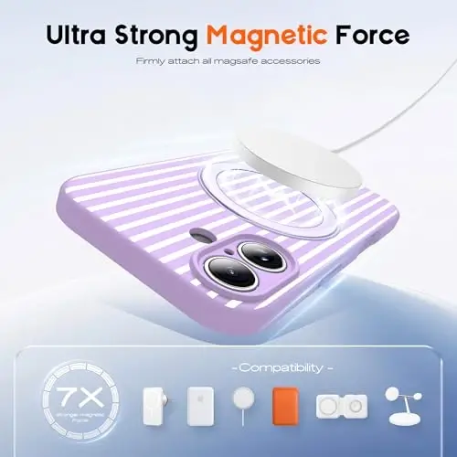 SKYLMW Compatible with iPhone 16 Case with Magnetic Invisible Stand [Compatible with Mag-Safe][Cute Aesthetic Striped Pattern] Silicone 16 Phone Case for Women Men 6.1