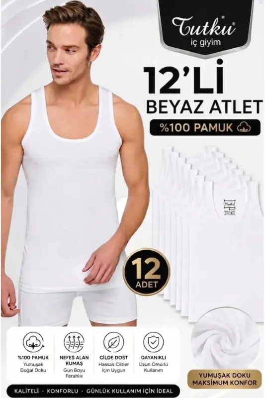 %100 Pamuklu Erkek Penye Atlet – 12'li Avantaj Paketi - beyazz1 - 1