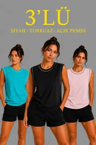 3’lü Kolsuz Sporcu Atlet Seti Yazlık Bisiklet Yaka - Siyah, Turkuaz, Pembe - 1