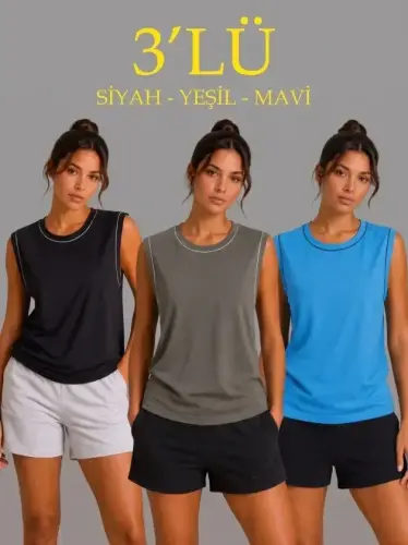 3’lü Kolsuz Sporcu Atlet Seti Yazlık Bisiklet Yaka - Siyah, Haki, Mavi - 1