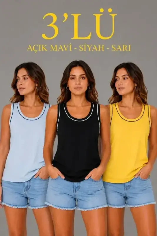 3’lü Kolsuz Sporcu Atlet Seti Yazlık Bisiklet Yakalı - Sarı, Siyah, Bebe Mavisi - BÜYÜKBEDENIZ