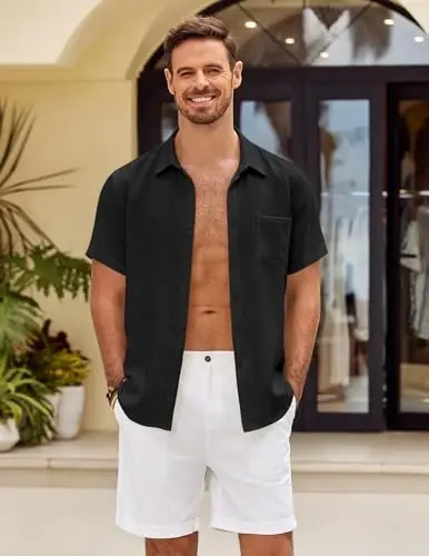 COOFANDY Mens Button Down Short Sleeve Shirt Casual Shirts Summer Beach Textured Shirts with Pocket - 3