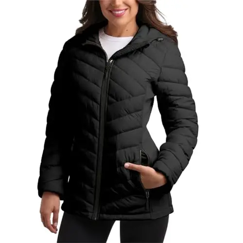 Reebok Womens Puffer Jacket - Midweight Quilted Puffer Jacket with Hood | Sleek Silhouette Layers Over Jeans or Leggings, Wind-Resistant Shell for Commutes and Weekend Hikes - 1